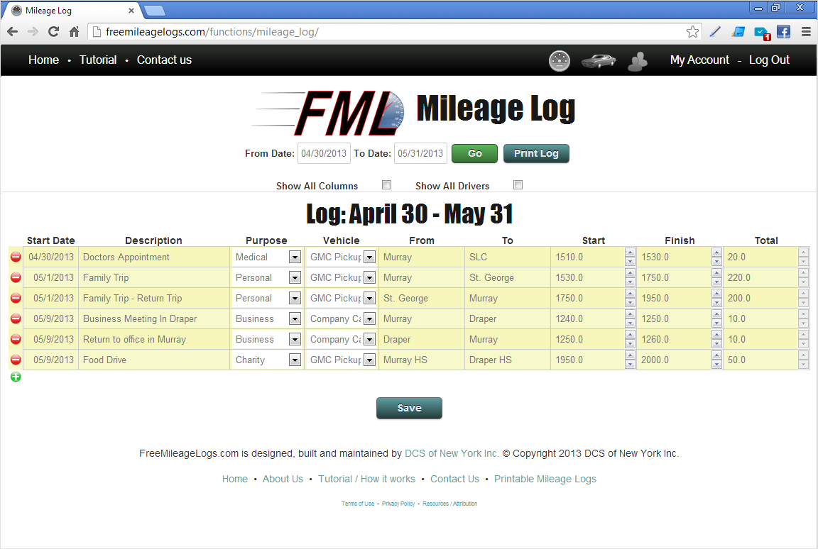 Free Mileage Logs Example